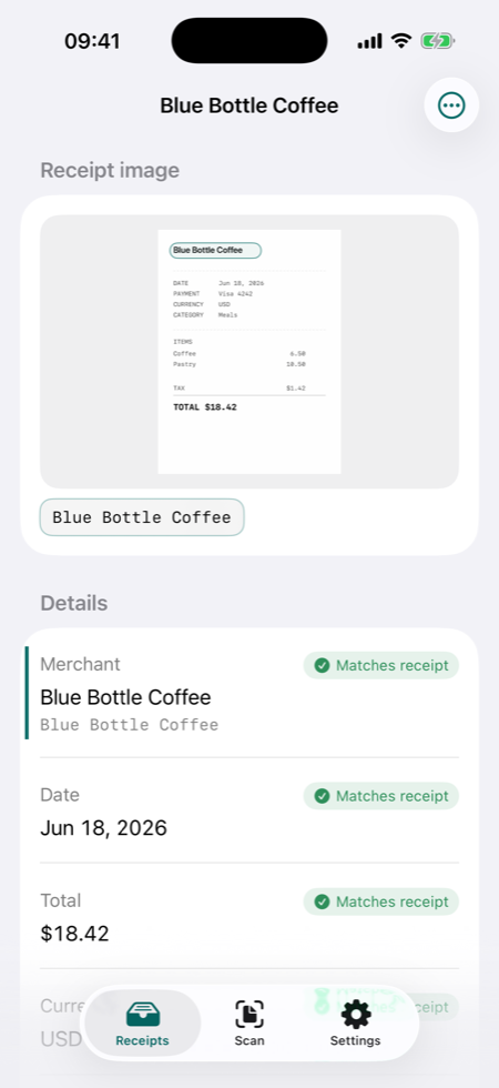 TillShot receipt evidence screen showing the source for a saved value.